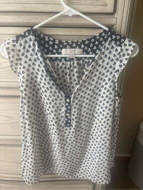 LOFT White and Black Printed Sleeveless Henley Blouse